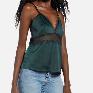 WAYF Emerald Green Camisole Tank with Sheer Lace Inserts